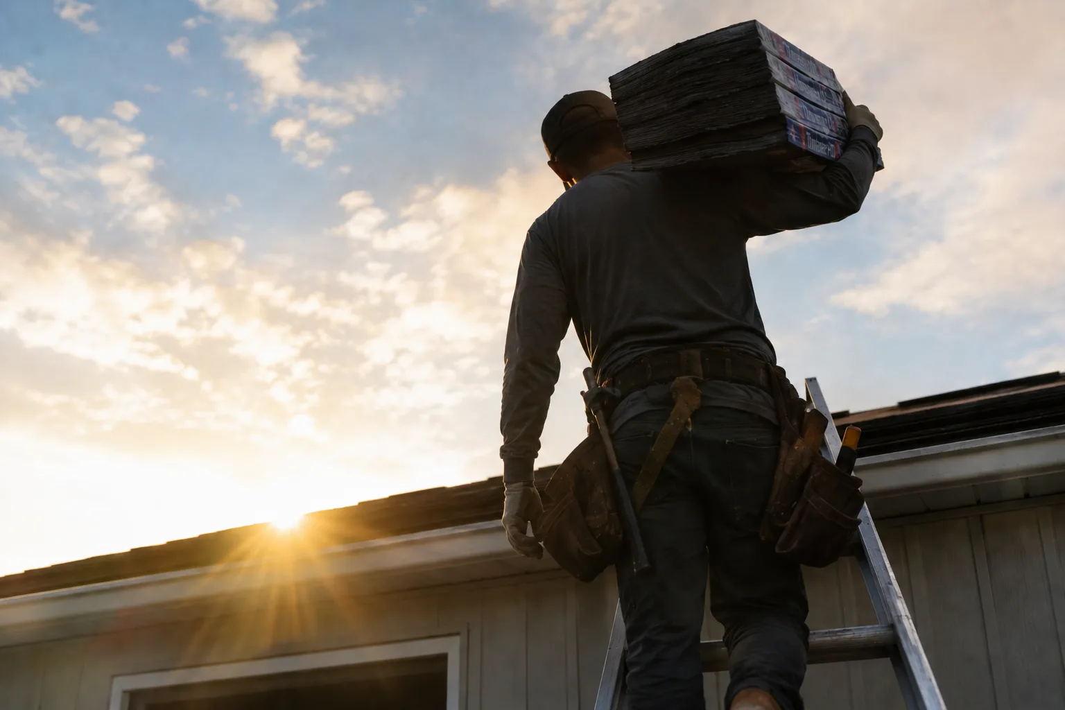 Backlit roofer carrying a shingle bundle toward a roof